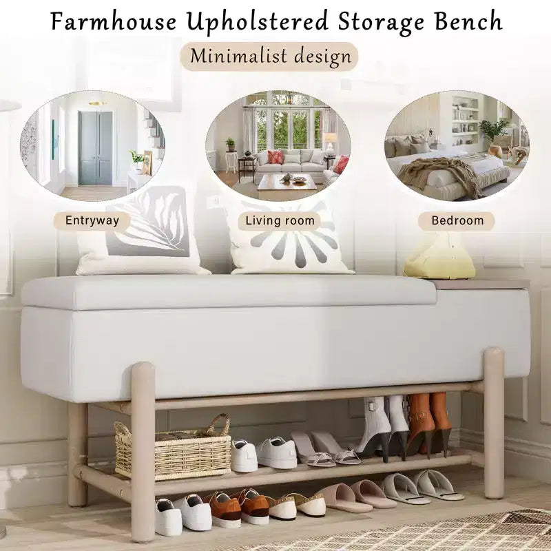 Banc de rangement capitonné GDFStudio Judd Farmhouse avec compartiment caché et pieds en bois d'hévéa