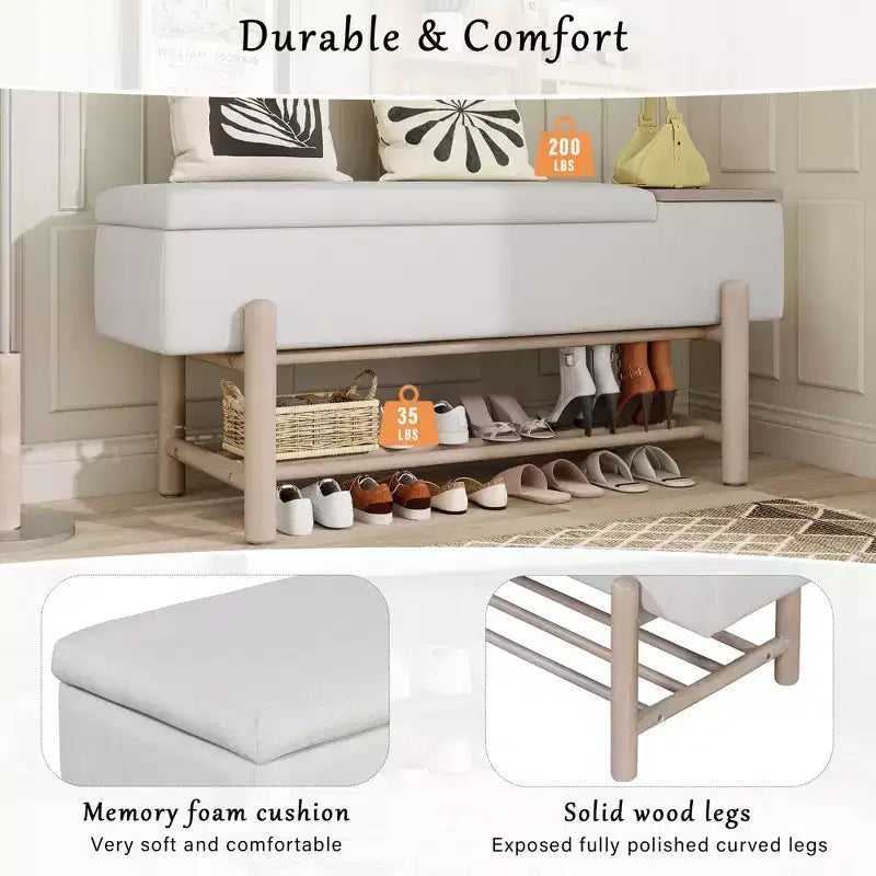 Banc de rangement capitonné GDFStudio Judd Farmhouse avec compartiment caché et pieds en bois d'hévéa