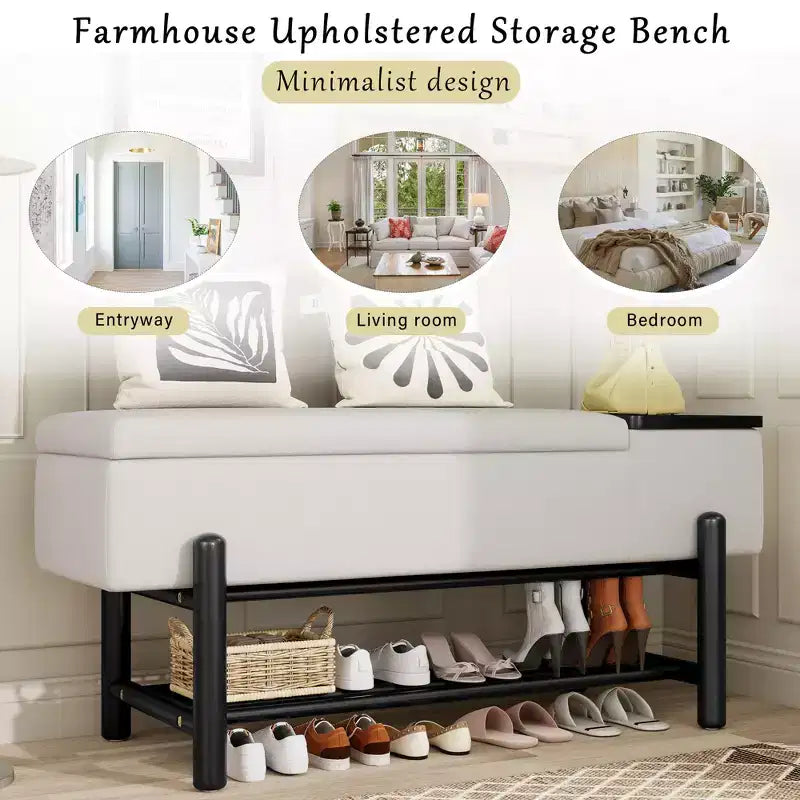 Banc de rangement capitonné GDFStudio Judd Farmhouse avec compartiment caché et pieds en bois d'hévéa