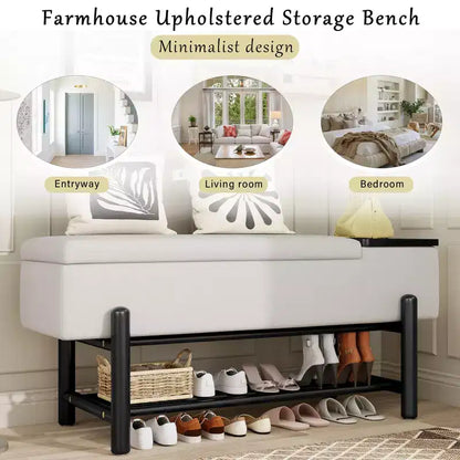 Banc de rangement capitonné GDFStudio Judd Farmhouse avec compartiment caché et pieds en bois d'hévéa