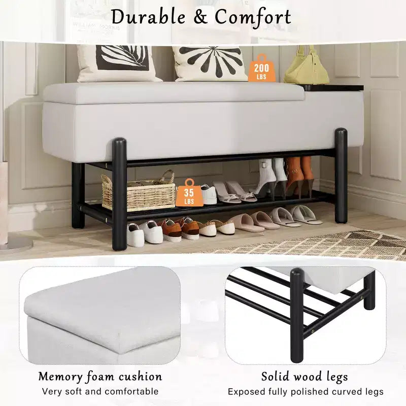 Banc de rangement capitonné GDFStudio Judd Farmhouse avec compartiment caché et pieds en bois d'hévéa