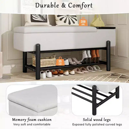 Banc de rangement capitonné GDFStudio Judd Farmhouse avec compartiment caché et pieds en bois d'hévéa