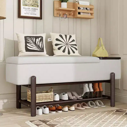 Banc de rangement capitonné GDFStudio Judd Farmhouse avec compartiment caché et pieds en bois d'hévéa