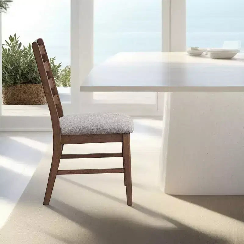 Royal Hampton Dining Side Chair Set of 2, Slatted Back, Gray Linen Seat, Brown