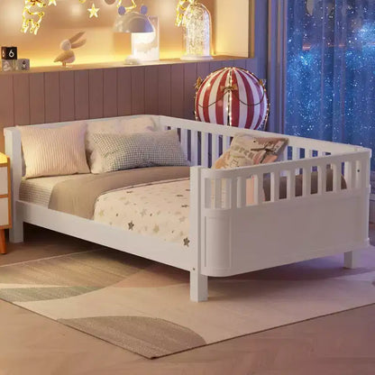 JVNOXK Twin Size Wood Platform Bed for Kids, Wood Low Profile Twin Bed with Rails for Girls and Boys, White