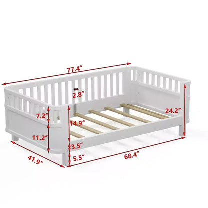 Lit plateforme en bois JVNOXK pour enfants, lit simple bas en bois avec barrières pour filles et garçons, blanc