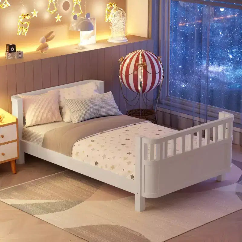 Lit plateforme en bois JVNOXK pour enfants, lit simple bas en bois avec barrières pour filles et garçons, blanc