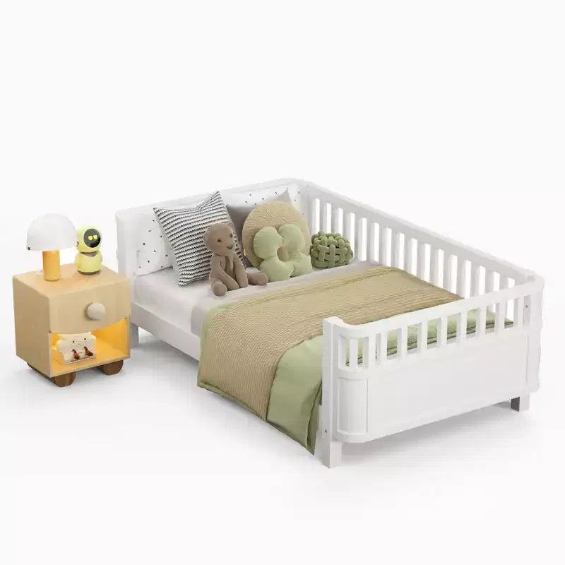 Lit plateforme en bois JVNOXK pour enfants, lit simple bas en bois avec barrières pour filles et garçons, blanc