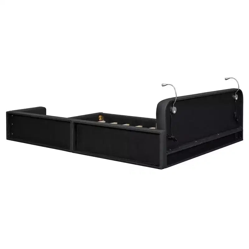 Lit capitonné Queen Size au sol avec 2 liseuses, lit plateforme en cuir PU avec tête de lit ergonomique et barrière de sécurité