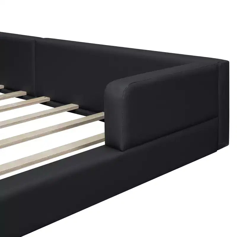 Lit capitonné Queen Size au sol avec 2 liseuses, lit plateforme en cuir PU avec tête de lit ergonomique et barrière de sécurité
