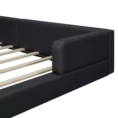 Lit capitonné Queen Size au sol avec 2 liseuses, lit plateforme en cuir PU avec tête de lit ergonomique et barrière de sécurité