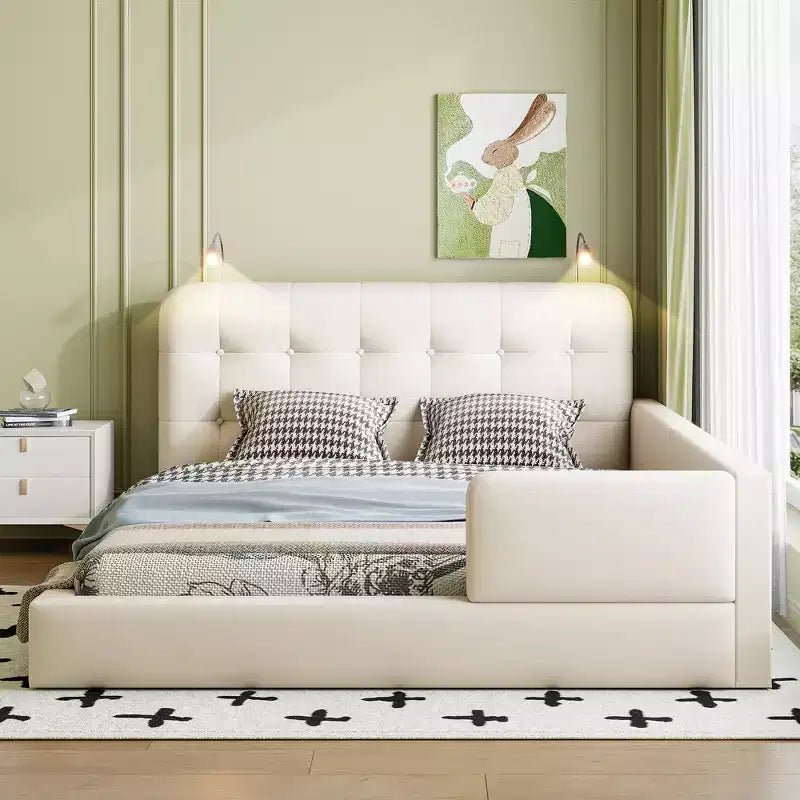 Lit capitonné Queen Size au sol avec 2 liseuses, lit plateforme en cuir PU avec tête de lit ergonomique et barrière de sécurité