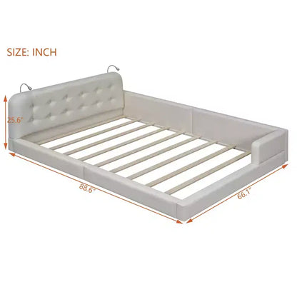 Lit capitonné Queen Size au sol avec 2 liseuses, lit plateforme en cuir PU avec tête de lit ergonomique et barrière de sécurité