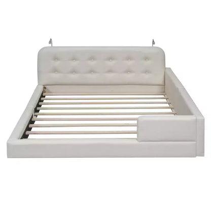 Lit capitonné Queen Size au sol avec 2 liseuses, lit plateforme en cuir PU avec tête de lit ergonomique et barrière de sécurité