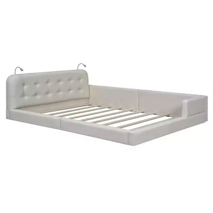 Lit capitonné Queen Size au sol avec 2 liseuses, lit plateforme en cuir PU avec tête de lit ergonomique et barrière de sécurité