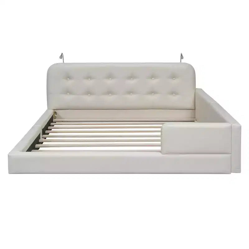 Lit capitonné Queen Size au sol avec 2 liseuses, lit plateforme en cuir PU avec tête de lit ergonomique et barrière de sécurité