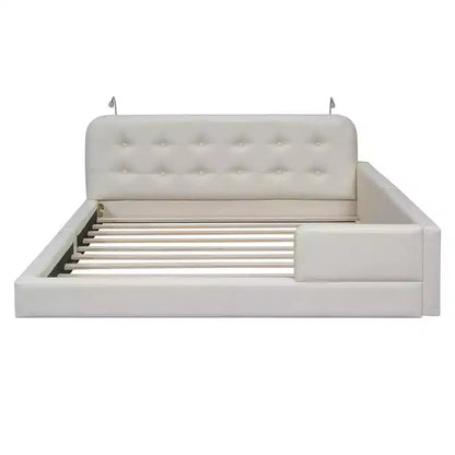 Lit capitonné Queen Size au sol avec 2 liseuses, lit plateforme en cuir PU avec tête de lit ergonomique et barrière de sécurité