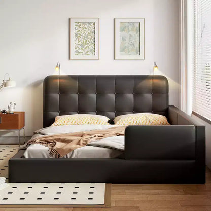 Lit capitonné Queen Size au sol avec 2 liseuses, lit plateforme en cuir PU avec tête de lit ergonomique et barrière de sécurité