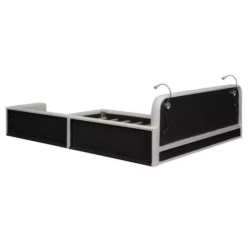 Lit capitonné Queen Size au sol avec 2 liseuses, lit plateforme en cuir PU avec tête de lit ergonomique et barrière de sécurité