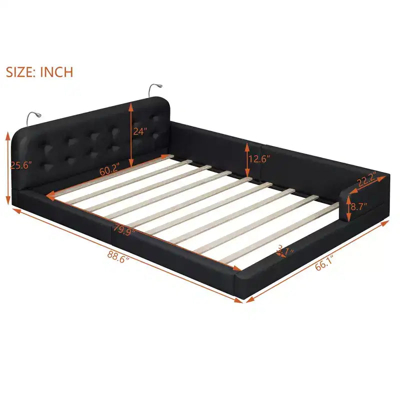 Lit capitonné Queen Size au sol avec 2 liseuses, lit plateforme en cuir PU avec tête de lit ergonomique et barrière de sécurité