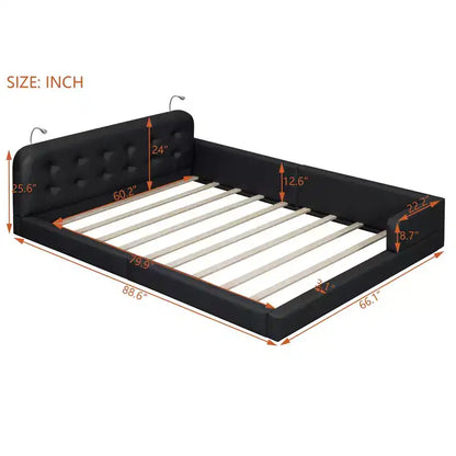 Lit capitonné Queen Size au sol avec 2 liseuses, lit plateforme en cuir PU avec tête de lit ergonomique et barrière de sécurité