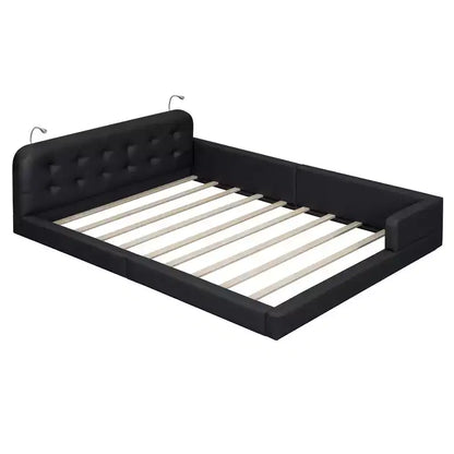 Lit capitonné Queen Size au sol avec 2 liseuses, lit plateforme en cuir PU avec tête de lit ergonomique et barrière de sécurité