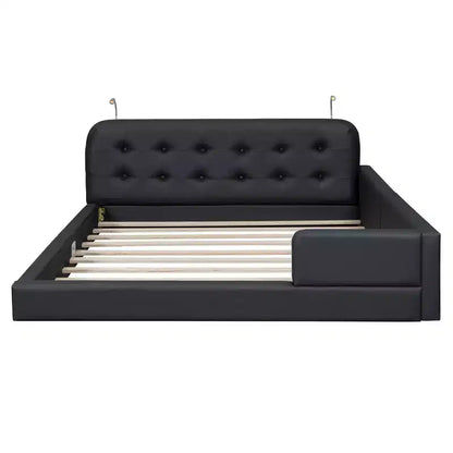 Lit capitonné Queen Size au sol avec 2 liseuses, lit plateforme en cuir PU avec tête de lit ergonomique et barrière de sécurité