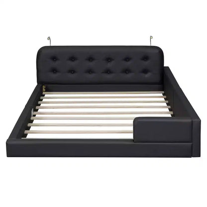 Lit capitonné Queen Size au sol avec 2 liseuses, lit plateforme en cuir PU avec tête de lit ergonomique et barrière de sécurité