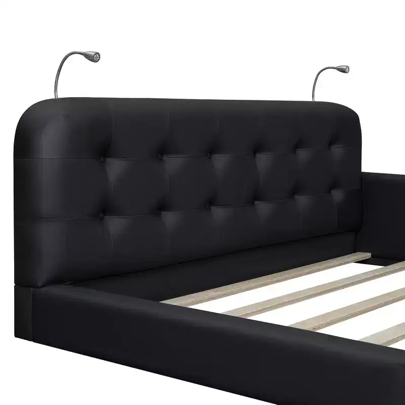Lit capitonné Queen Size au sol avec 2 liseuses, lit plateforme en cuir PU avec tête de lit ergonomique et barrière de sécurité