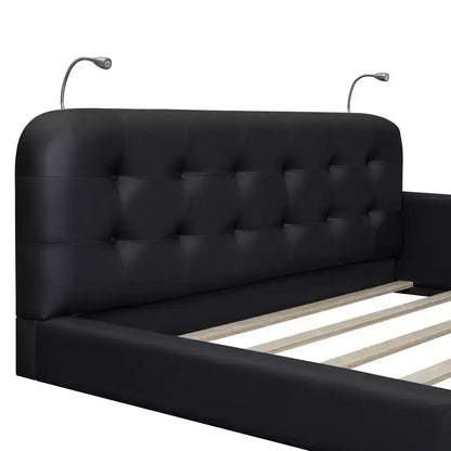 Lit capitonné Queen Size au sol avec 2 liseuses, lit plateforme en cuir PU avec tête de lit ergonomique et barrière de sécurité