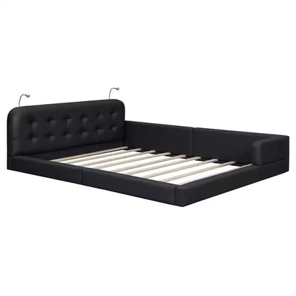 Lit capitonné Queen Size au sol avec 2 liseuses, lit plateforme en cuir PU avec tête de lit ergonomique et barrière de sécurité