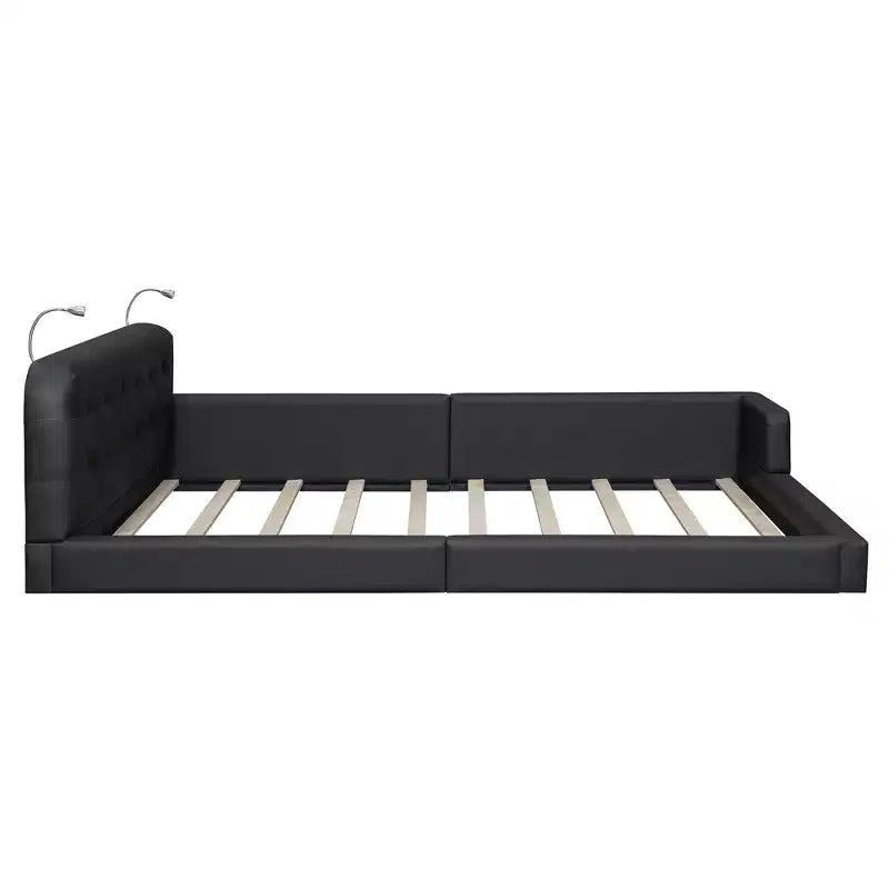 Lit capitonné Queen Size au sol avec 2 liseuses, lit plateforme en cuir PU avec tête de lit ergonomique et barrière de sécurité