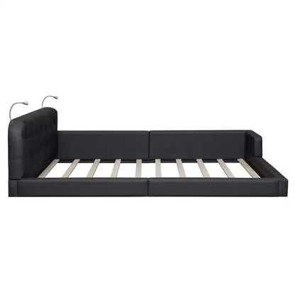 Lit capitonné Queen Size au sol avec 2 liseuses, lit plateforme en cuir PU avec tête de lit ergonomique et barrière de sécurité