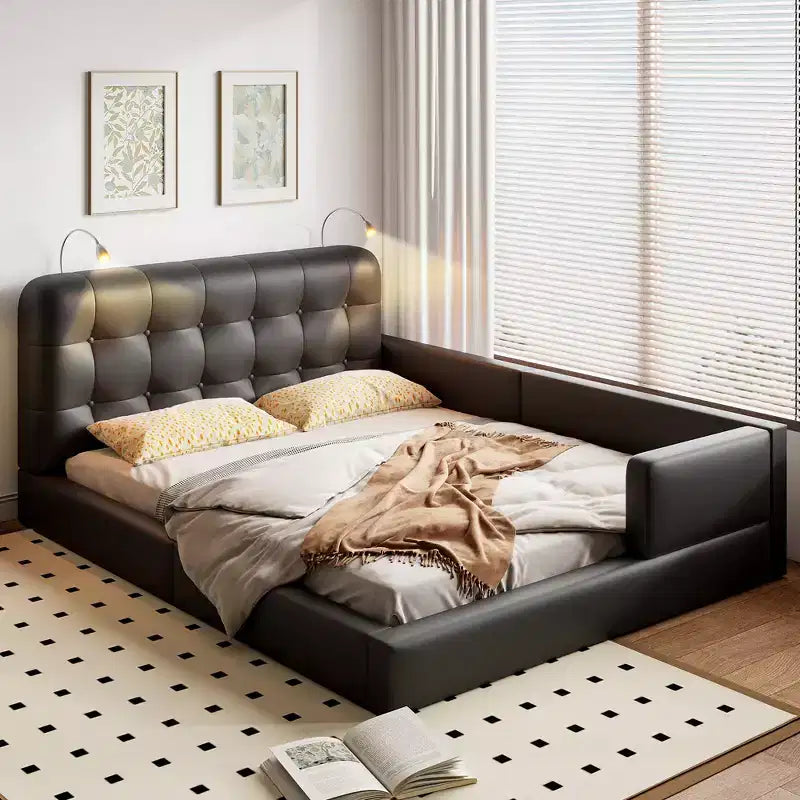 Queen Size Upholstered Grounded Bed with 2 Reading Lights, PU Leather Floor Platform Bed with Ergonomic Headboard and Safety Fence