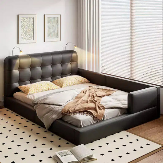 Queen Size Upholstered Grounded Bed with 2 Reading Lights, PU Leather Floor Platform Bed with Ergonomic Headboard and Safety Fence