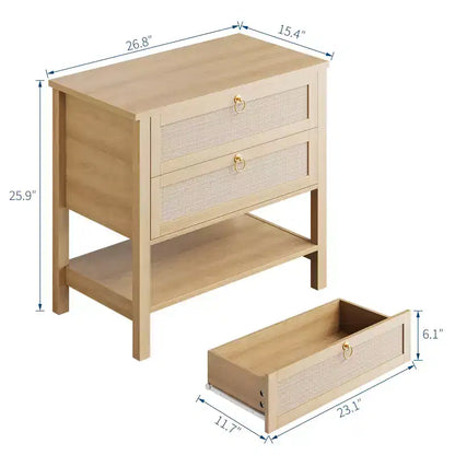 COZONY Lot de 2 tables de chevet, tables de nuit en rotin avec tiroirs et étagère de rangement, tables de chevet étroites de style moderne du milieu du siècle pour chambre à coucher