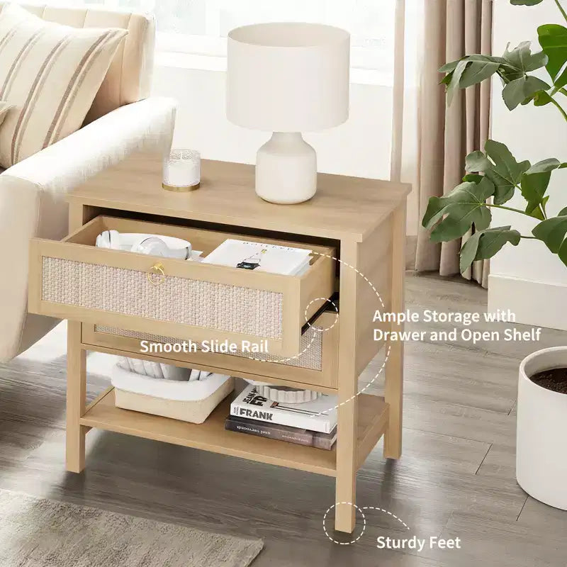 COZONY Lot de 2 tables de chevet, tables de nuit en rotin avec tiroirs et étagère de rangement, tables de chevet étroites de style moderne du milieu du siècle pour chambre à coucher