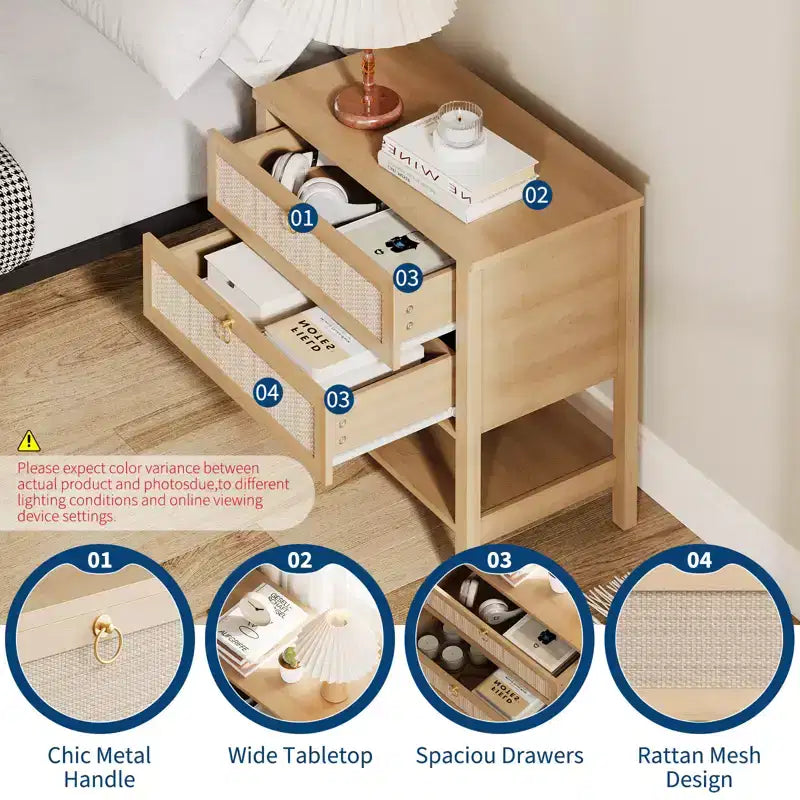 COZONY Lot de 2 tables de chevet, tables de nuit en rotin avec tiroirs et étagère de rangement, tables de chevet étroites de style moderne du milieu du siècle pour chambre à coucher
