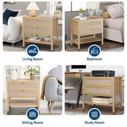 COZONY Lot de 2 tables de chevet, tables de nuit en rotin avec tiroirs et étagère de rangement, tables de chevet étroites de style moderne du milieu du siècle pour chambre à coucher
