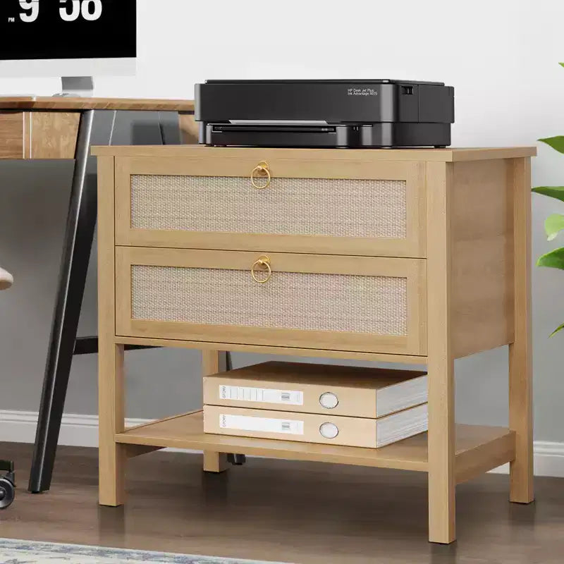 COZONY Lot de 2 tables de chevet, tables de nuit en rotin avec tiroirs et étagère de rangement, tables de chevet étroites de style moderne du milieu du siècle pour chambre à coucher