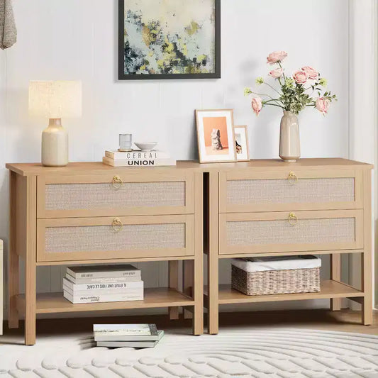 COZONY Lot de 2 tables de chevet, tables de nuit en rotin avec tiroirs et étagère de rangement, tables de chevet étroites de style moderne du milieu du siècle pour chambre à coucher