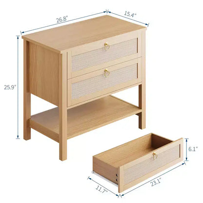 COZONY Lot de 2 tables de chevet, tables de nuit en rotin avec tiroirs et étagère de rangement, tables de chevet étroites de style moderne du milieu du siècle pour chambre à coucher