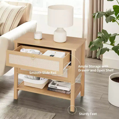 COZONY Lot de 2 tables de chevet, tables de nuit en rotin avec tiroirs et étagère de rangement, tables de chevet étroites de style moderne du milieu du siècle pour chambre à coucher