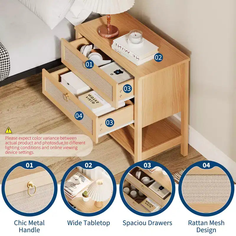 COZONY Lot de 2 tables de chevet, tables de nuit en rotin avec tiroirs et étagère de rangement, tables de chevet étroites de style moderne du milieu du siècle pour chambre à coucher