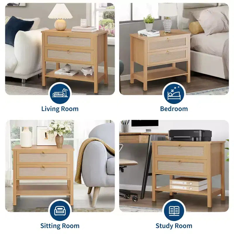 COZONY Lot de 2 tables de chevet, tables de nuit en rotin avec tiroirs et étagère de rangement, tables de chevet étroites de style moderne du milieu du siècle pour chambre à coucher