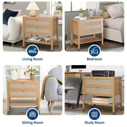 COZONY Lot de 2 tables de chevet, tables de nuit en rotin avec tiroirs et étagère de rangement, tables de chevet étroites de style moderne du milieu du siècle pour chambre à coucher