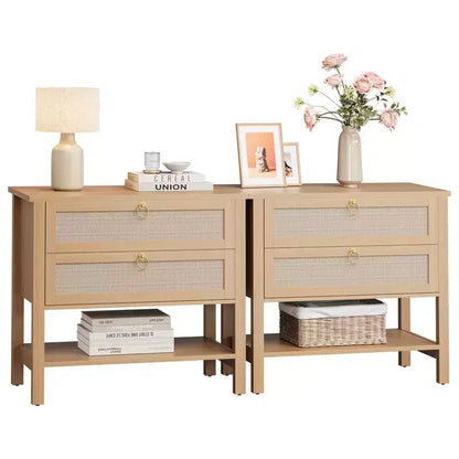 COZONY Nightstands Set of 2, Rattan Bedside Tables with Drawers and Storage Shelf, Narrow Mid Century Modern Nightstand for Bedroom