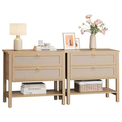 COZONY Lot de 2 tables de chevet, tables de nuit en rotin avec tiroirs et étagère de rangement, tables de chevet étroites de style moderne du milieu du siècle pour chambre à coucher