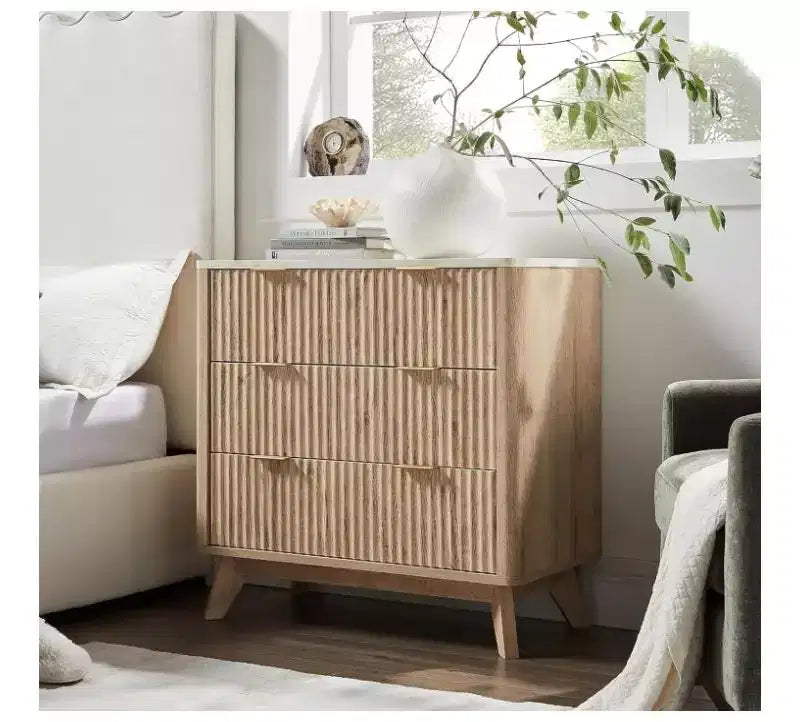 COZONY Modern Nightstands Set of 2, Fluted Bedside Tables with Faux Marble Top and 3 Drawers for Bedroom and Living Room