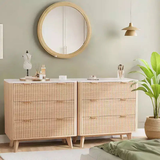COZONY Tables de chevet modernes (lot de 2), tables d'appoint cannelées avec plateau en faux marbre et 3 tiroirs pour chambre et salon